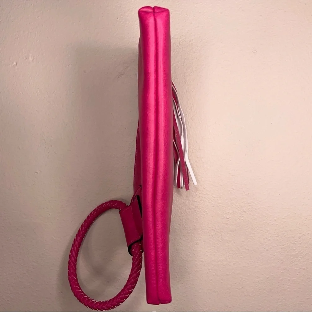 Fuchsia Pink Clutch Purse Tassel Faux Leather Bag Round Handle Zip Closure